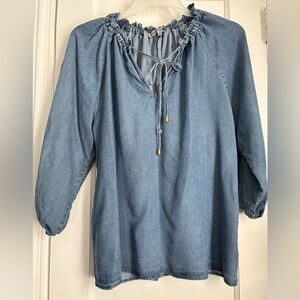 Alex & Parker Chambray Denim Tie-Neck Blouse with Balloon Sleeves, size: Large